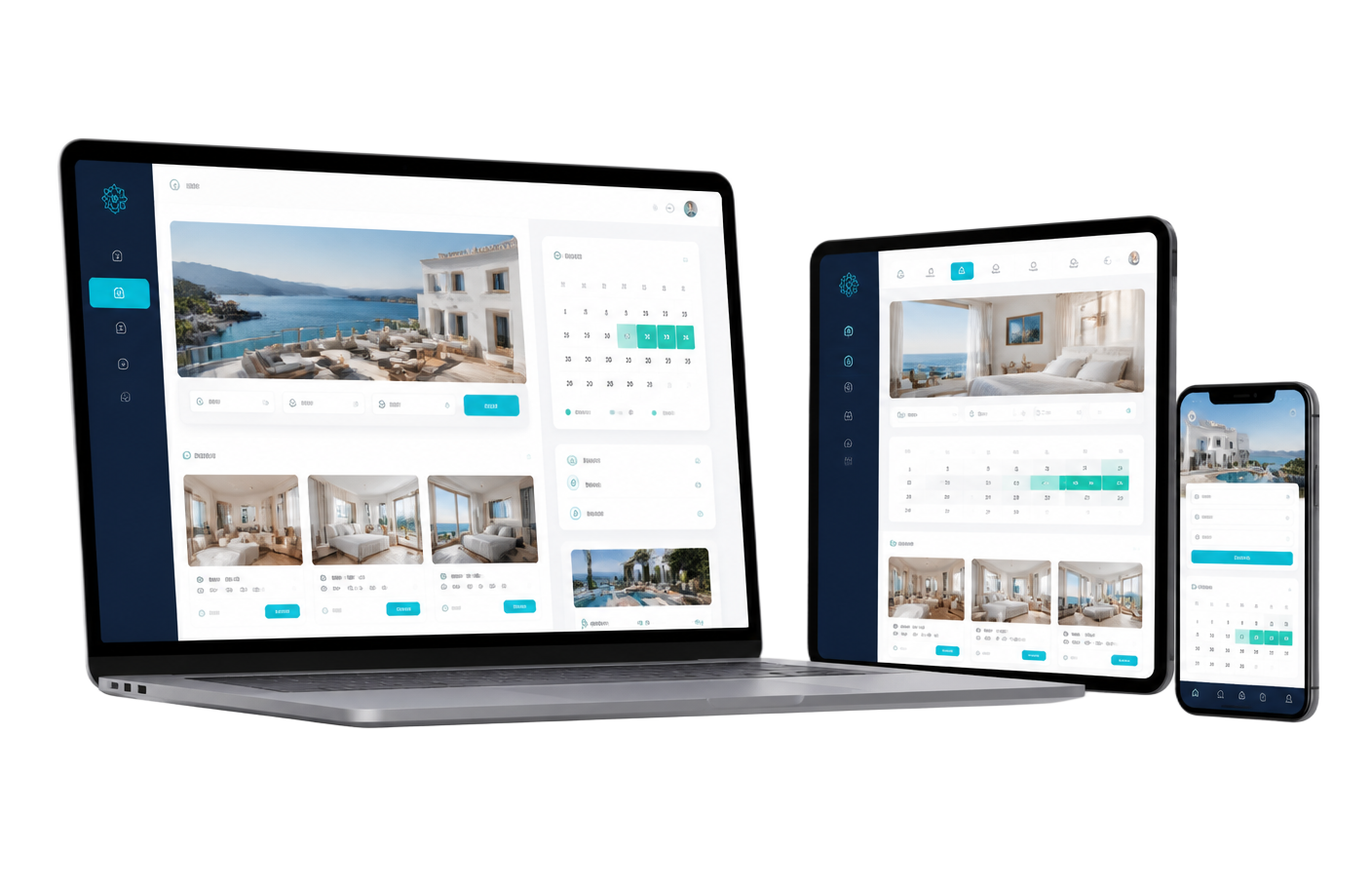 Sistema Sua Hospedagem exibido em notebook, tablet e celular